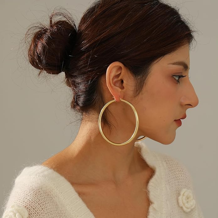 4mm Thick Gold Chunky Earrings Steling Silver Post Hoops Earrings For Women Hollow Tube Hoops Earrings Thick Gold Hoop Earrings Hypoallergenic Lightweight Gold Hoop Large Earrings 20/30/40/50/60MM