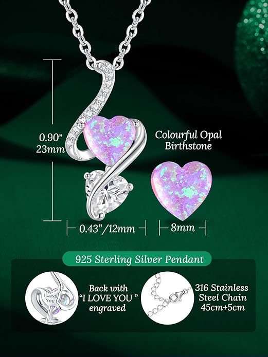 LOUISA SECRET 925 Sterling Silver Opal Birthstone Necklace, Unique Tiny Double Heart Pendant Jewelry, Engraved with "S925 I Love You" Best Birthday Gift for Women Wife Girlfriend Mom Her, Christmas Day Valentine's Day Anniversary Mother's Day