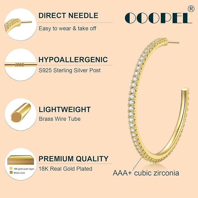 925 Sterling Silver Earrings Large Rhinestone Hoop Earrings Big Cubic Zirconia Hoop Earrings Thin Rhinestones Round Hoop Earrings for Women 20/30/40/50/60/70mm Sparkly Hoops With Crystals for Womens