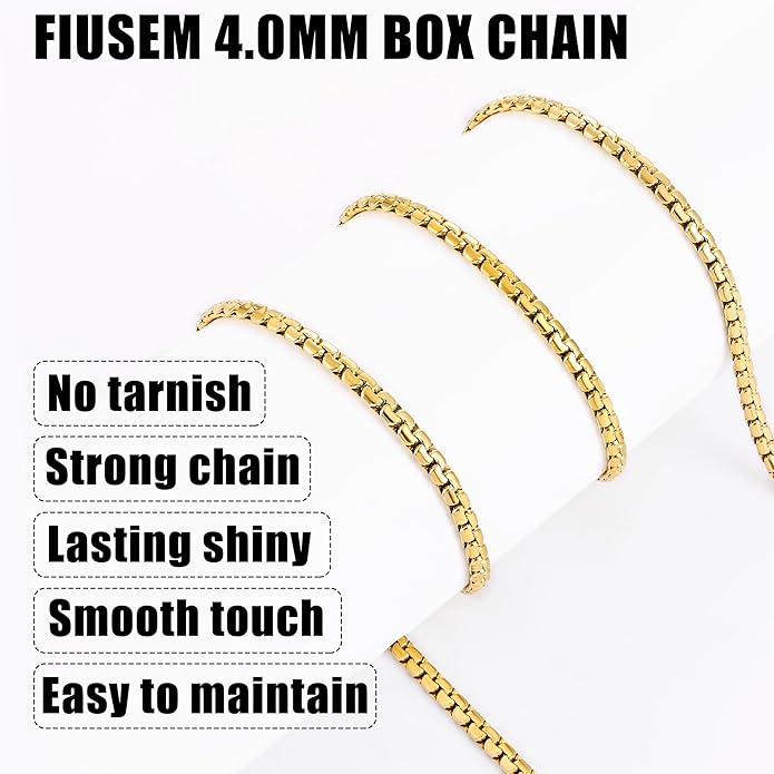 Fiusem Flat Box Chains for Men, 14k Gold Plated Stainless Steel Chain Necklace, 2.5/3/4/4.5/5mm Necklaces for Men and Women 16-28 Inch