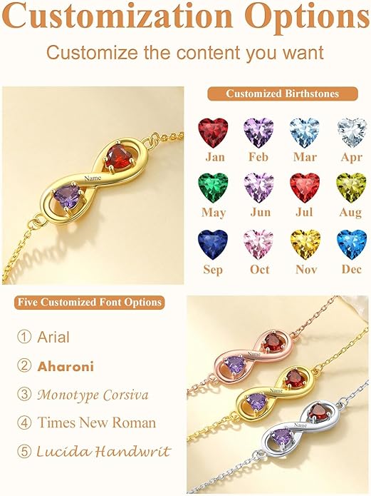 Custom4U Personalized Infinity Love Symbol Link Bracelets for Women 925 Sterling Silver Birthstone Bracelet Adjustable Engraved Chain Christmas Mother's Day Birthday Jewelry Gifts for Mom Her