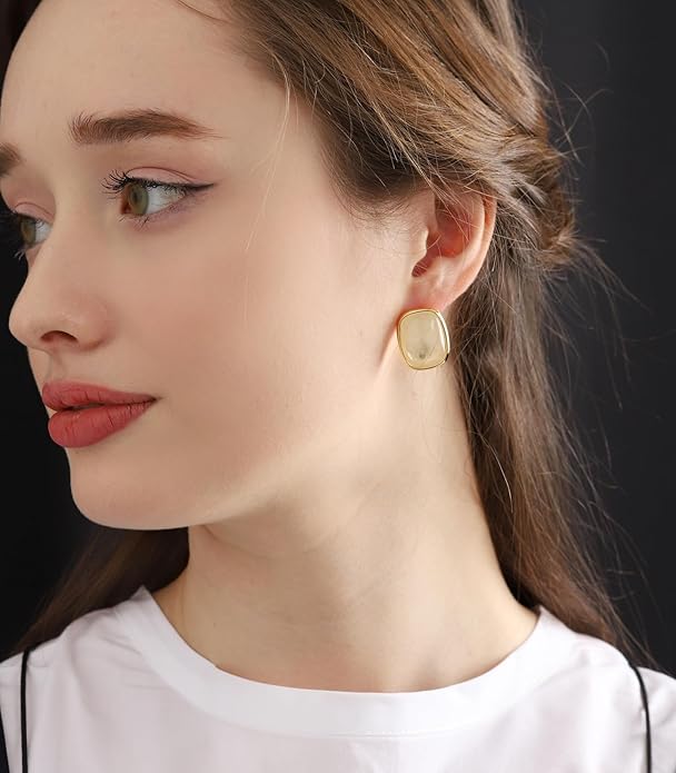 M.DUN- Round Edges Rectangle Shape Studs Earring. Abalone Amber Turquoise Resin Stone Design, 18k Real Gold Plated Bezel, Hypoallergenic Gorgeous Gift for Women