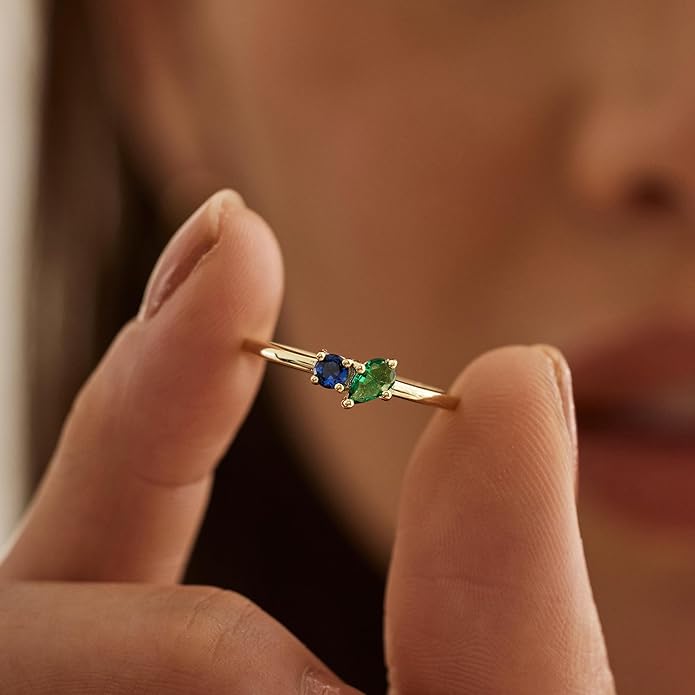 JSJOY Birthstone Rings for Women Dainty Emerald Blue Ring Birthday Gifts for Mom Her Gemstones CZ Ring for Teens Gold Rings That Don't Tarnish Adjustable Ring Jewelry Gifts