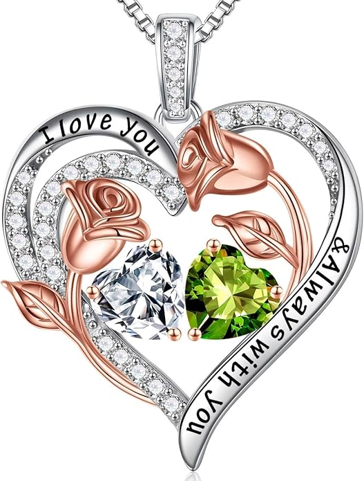 Iefil Birthstone Necklace for Women - 925 Sterling Silver Rose Heart Birthstone Necklace Birthday Anniversary Jewelry Gifts for Her Wife Mom Daughter