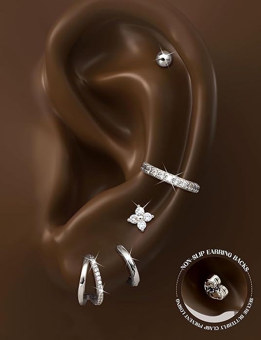 Florideco 925 Sterling Silver Earrings for Women Trendy Hypoallergenic Small Gold Hoop Earrings 14K Gold Plated Stud Earring Sets for Multiple Piercing CZ Ear Cuff Cartilage Earring Stacks