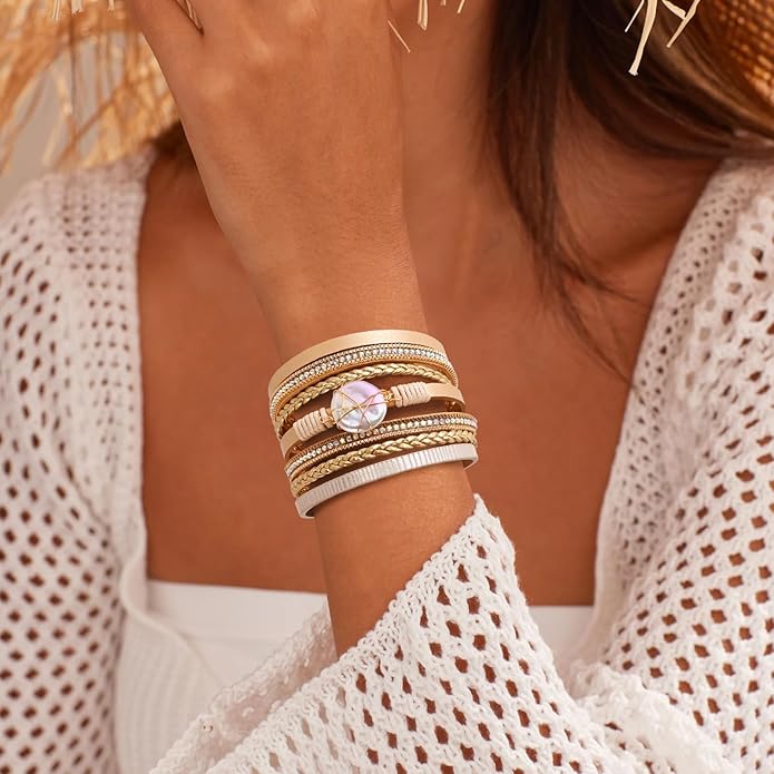 ENGCKSHI Wrapped Bracelets for Women,Leather Bracelet,Boho Bracelets for Women,Multi-Layer Pearl Crystal Bracelet Bangle Jewelry