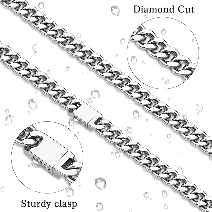 Fiusem Valentines Day Gifts for Him Silver Tone/Black/14K Gold Plated Chain Necklace for Men, 5mm/6mm/7.5mm/8mm/9mm Stainless Steel Cuban Link Chain Necklace, Men's Chains 18-28 Inch Jewelry Gifts