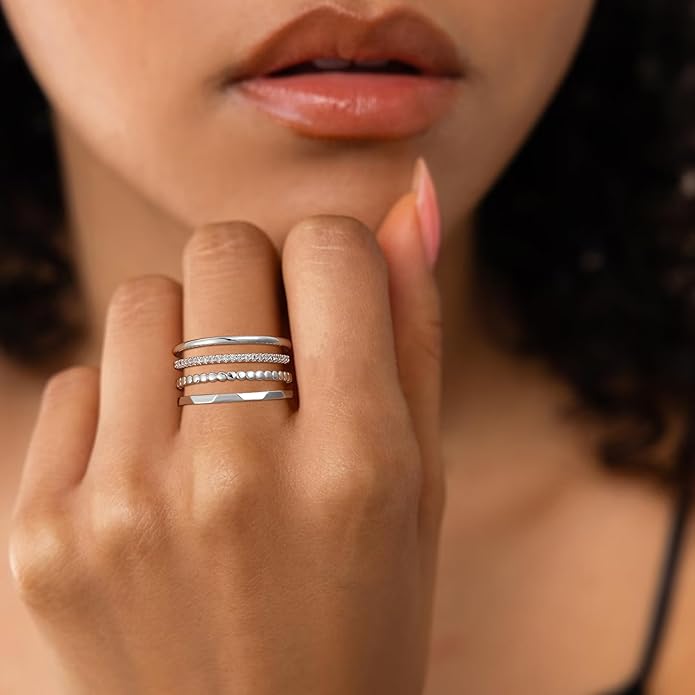 Gold Silver Stackable Rings for Women Non Tarnish 1.3mm Thin Silver Rings Set 14K Gold Plated Dainty Trendy Cubic Zirconia Band Stacking Thumb Ring Jewelry Gifts Size 5-10