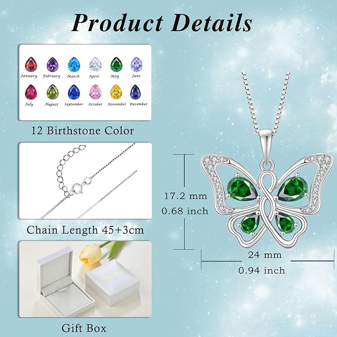 Butterfly Necklace 925 Sterling Silver Cubic Zirconia Birthstone Jewelry Gifts for Women Wife Mother