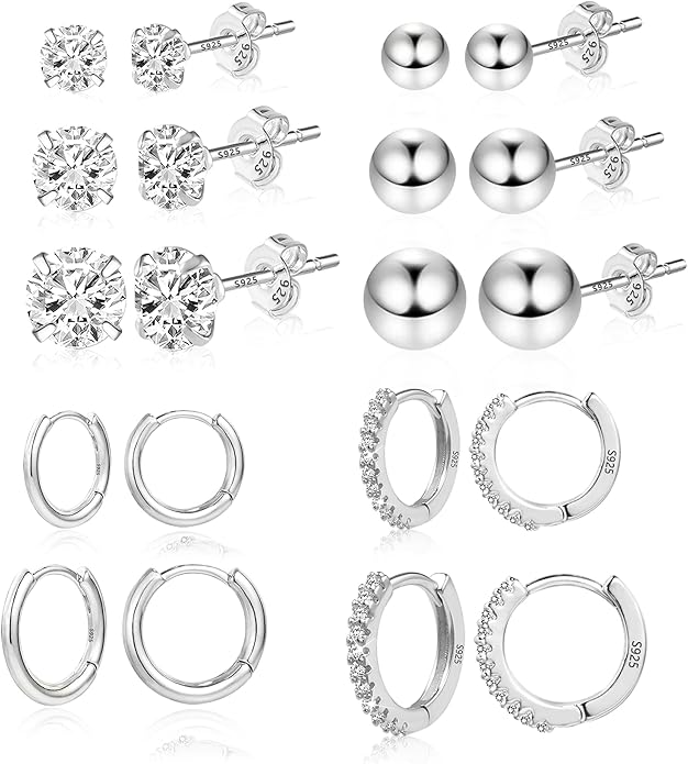 Stud Earrings for Women Hypoallergenic Sterling Silver Post Hoop and Studs Earrings Set for Multiple Piercing Small Ball Cubic Zirconia Earring Studs for Women Trendy Jewelry Gifts（6 Pairs）