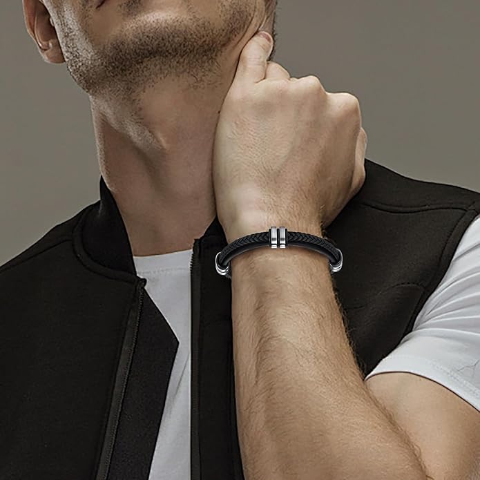 Leather Bracelet for Men with Adjustable Stainless Steel Magnetic Clasp Multi-Layer Braided Mens Leather Bracelet