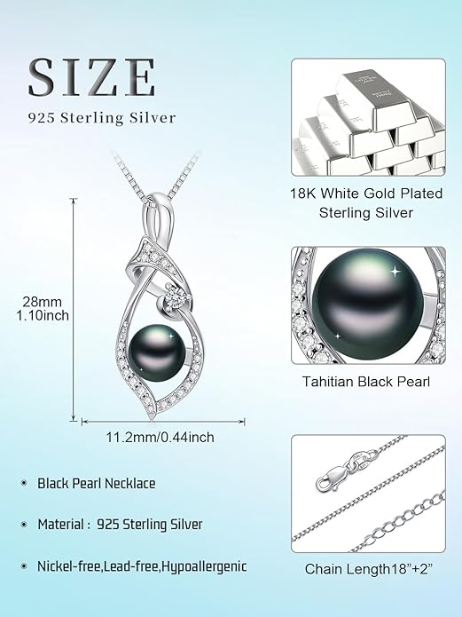 KANNSOAR Tahitian Black Pearl AAAA 18K White Gold Plated Sterling Silver Trendy Pendant Necklace for Women Wife Mom Girlfriend Valentine Her Jewelry Gift for Anniversary Birthday