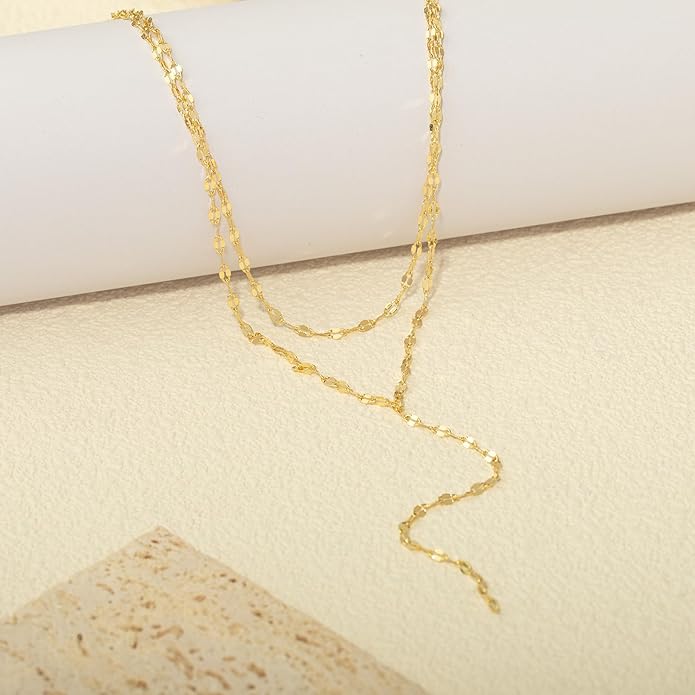 Lariat Necklace for Women, Dainty 14K Gold/Silver Plated Long Necklaces for Women Trendy Simple Layered Y-Shaped Drop Pendant Necklace Adjustable Gold Jewelry Gifts For Her Christmas Stocking Stuffer