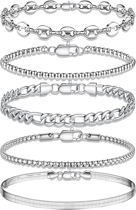 Yoosteel Mens Bracelets - Silver Chain Bracelet Stainless Steel Cuban Link Stack Bracelets Sturdy Rope Paperclip Chains Set 7.5/8.3/9 inches Trendy Jewelry for Men