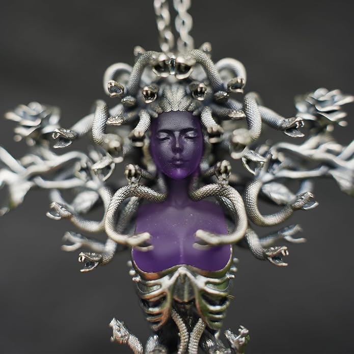 Medusa Pendant Brooch | Gothic Fashion Jewelry with Purple Crystal | Statement Myth-Inspired Accessory for Women