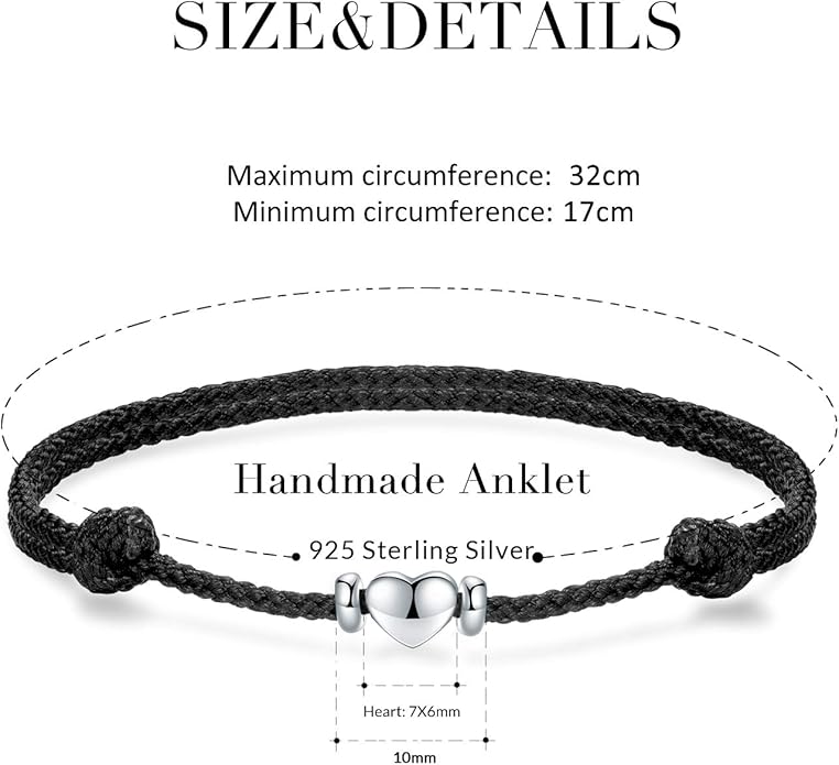 J.Endéar Anklet Heart Waterproof Boho Jewellery Handmade String 925 Sterling Silver Summer Beach Anklets for Women Ladies Love Friendship Braided Jewelry