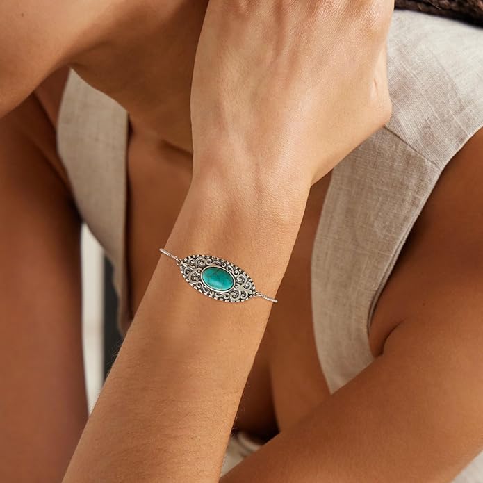 12x8MM Genuine Turquoise Bracelet for Women 925 Sterling Silver Blue Green Square Gemstone Adjustable Boho Bracelets 6 to 8 Inch