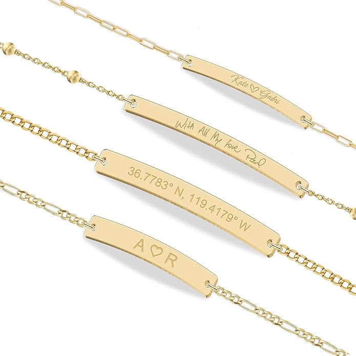 Personalized Sterling Silver/Stainless Steel Bar ID Bracelet - Custom Engraved Inspirational Words, Dates or Names- Adjustable - Gift Box Included - Elegant Jewelry for Anniversary, Birthday, Weddings