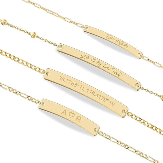 Personalized Sterling Silver/Stainless Steel Bar ID Bracelet - Custom Engraved Inspirational Words, Dates or Names- Adjustable - Gift Box Included - Elegant Jewelry for Anniversary, Birthday, Weddings