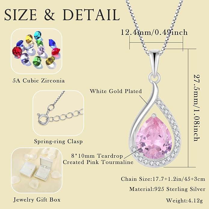 925 Sterling Silver Created Pink Tourmaline Jewelry Set for Women Teardrop Birthstone Dangle Drop Earrings and Necklace Set Jewelry for Her