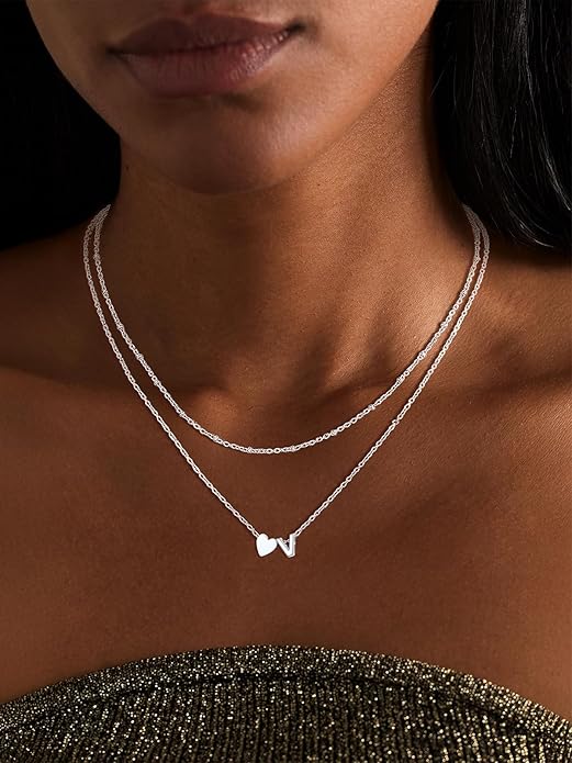 FOCALOOK Layered Initial Necklace for Women, 14K Gold Plated Choker Necklaces Stacks with Initial A-Z, Dainty Silver Heart Pendant Necklace Personalized Birthday Women Jewelry