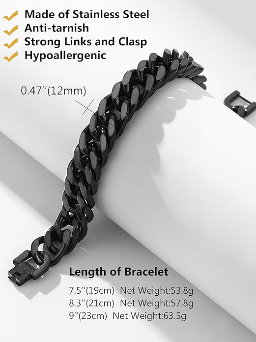 8/12/17mm Wide Cuban Link Bracelet for Men Father Gift 18K Gold/Black Plated Stainless Steel Bracelets 7.4-9 Inches(Gift Wrapped)