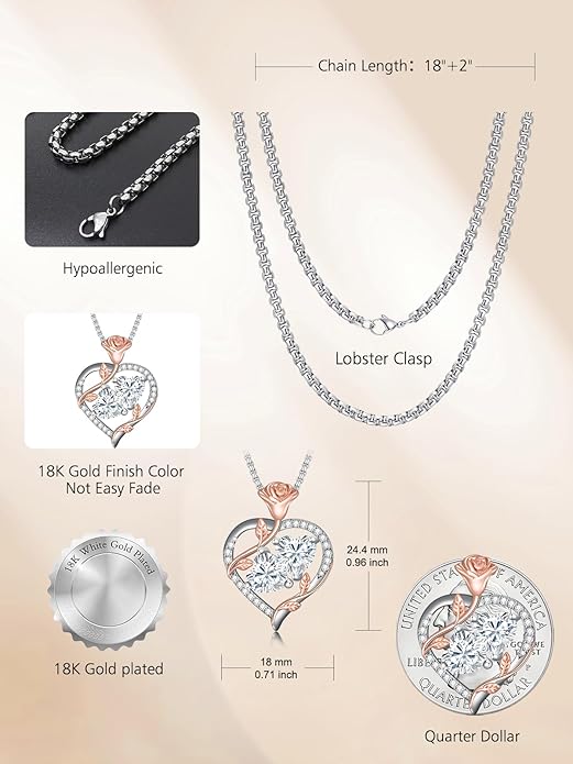 Christmas Gifts for Women Rose Heart Birthstone Pendant Necklace I Love You Forever Jewelry Valentine Mothers Day Birthday Gifts for Women Her Wife Girlfriend