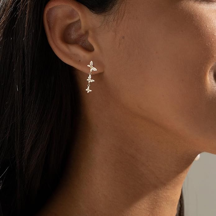 14K Gold Plated Butterfly Dangle Earrings for Women - Dainty, Trendy, Hypoallergenic CZ Drop Earrings - Simple Long Dangling Jewelry