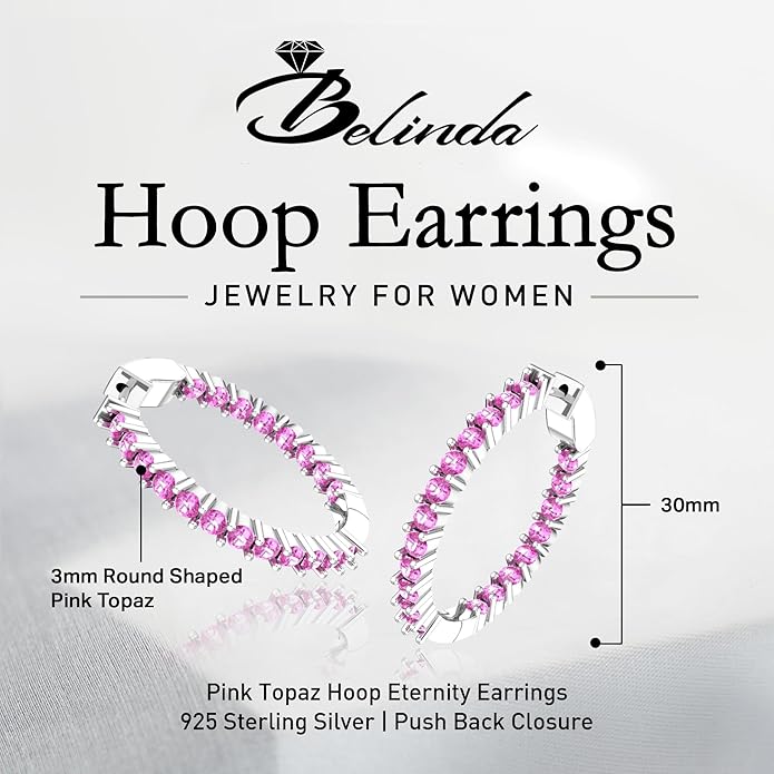 Hoop Earrings with 40 Colored Gemstones, Birthstone Earrings, 925 Sterling Silver Rhodium Plated, Push Back Closure, 1.18'