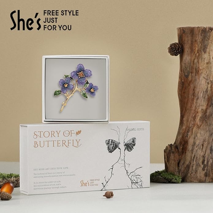 Forget me not Flower Brooch Handmade Gold Thread Embroidered and hand-Drip Enamel leaf, Gradient Botanical Floral Brooch pins for women, SHE'S FREE STYLE JUST FOR YOU [Bencao Gangmu Series]Vintage Plant Jewelry