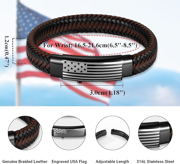 American Flag Leather Bracelet for Men Bible Verse Bracelets Cross Bracelet Christian Jewelry Gift for Men