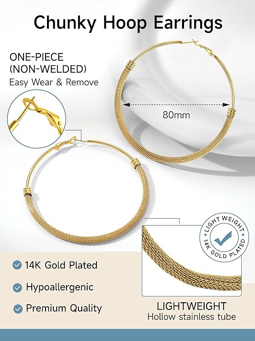 PROSTEEL 30/40/60/80/100mm Chunky Hoop Earrings For Women Gold Plated/Black Stainless Steel Hoops Earrings Statement Jewelry