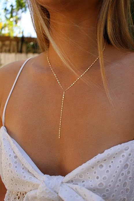 Foxgirl Lariat Gold Necklace for Women, Dainty Long Necklace 14k Gold Plated/Silver Y-Shaped Pendant Necklace Trendy Layered Cz Beaded Chain Drop Necklaces Simple Gold Jewelry For Women Gift