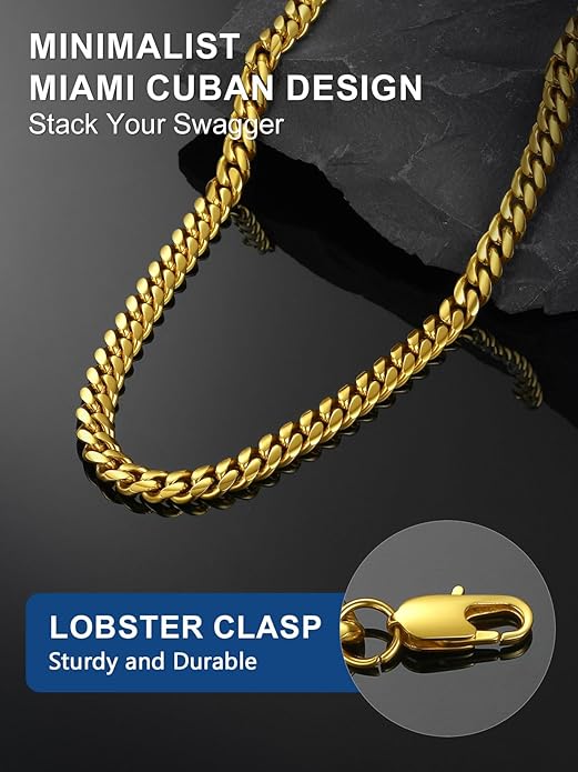 ChainsPro Chunky Miami Cuban Link Chains for Men,Stainless Steel Cuban Chain Necklace,4.8/6/10/14mm Width,No Tarnish& Thick Hip Hop Jewelry,18-30 inch Length, Black/Gold Plated/Silver,Send Gift Box