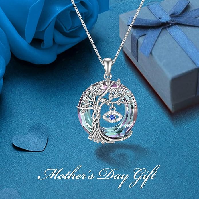 TOUPOP Evil Eye Necklace 925 Sterling Silver Tree of Life Circle Crystal Pendant Necklace Protection Jewelry Amulet Christmas Gifts for Women Her