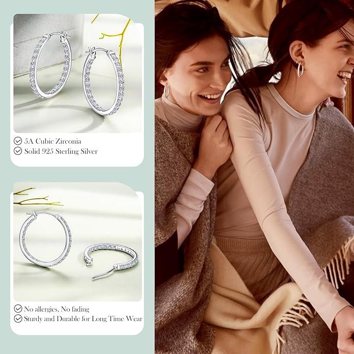 Yellow Gold Plated/925 Sterling Silver Sparkle Cubic Zirconia Hoop Earrings for Women fit Sensitive Ears 14mm/20mm/26mm Huggie/Medium/Large Hoops(with Gift Box)