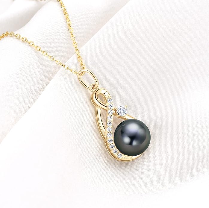 DENGGUANG Tahitian Black Pearl Necklace for Women Genuine 9-10mm Round Tahitian Cultured Pearls Pendant 18K Gold Plated 925 Sterling Silver - Jewelry Gifts for Mom Wife Daughter