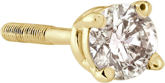 18k Gold Round SINGLE Diamond Stud Earring (0.08ct, Good, I2-I3) 4-Prong Basket set with Screw-back Diamond Wish