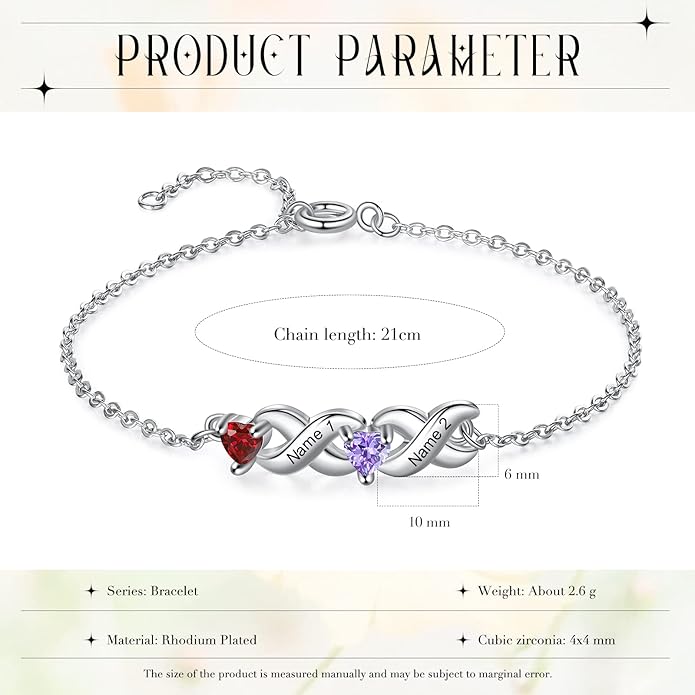 Personalized Custom Name Heart Bracelet with 1-6 Birthstone Bracelets for Women Engraved Family Names Link Bracelets for Mother's Day Mom Daughter
