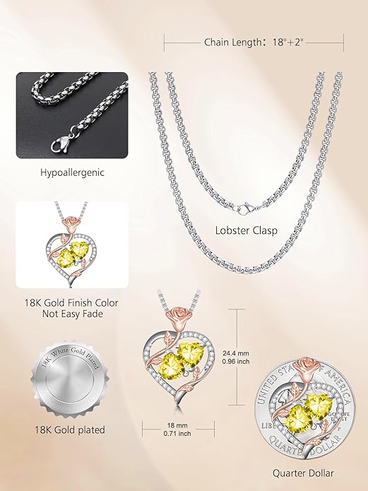 Christmas Gifts for Women Rose Heart Birthstone Pendant Necklace I Love You Forever Jewelry Valentine Mothers Day Birthday Gifts for Women Her Wife Girlfriend