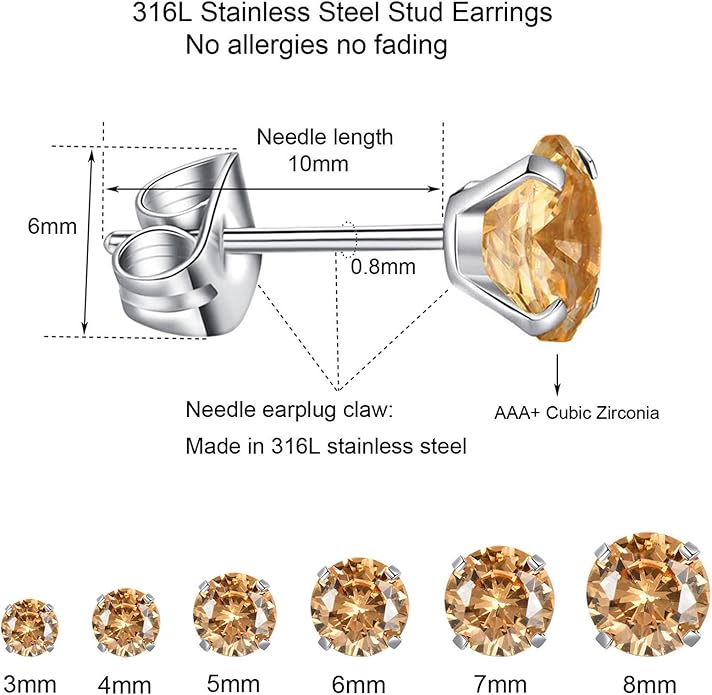 6 Pairs Stud Earrings Set, Hypoallergenic Cubic Zirconia Earrings 316L Stainless Steel CZ Earrings 3-8mm