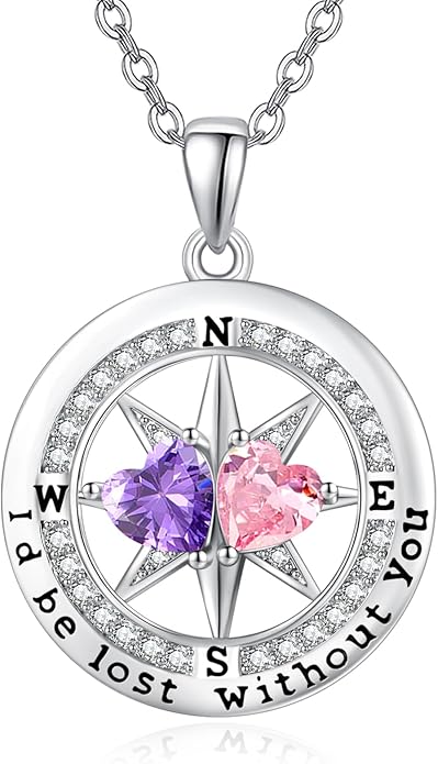 Compass Birthstones Necklace for Women, Exquisite Anniversary Birthday Gifts for Wife Her Double Birthstone Pendant jewelry ‘I'd be Lost Without You’