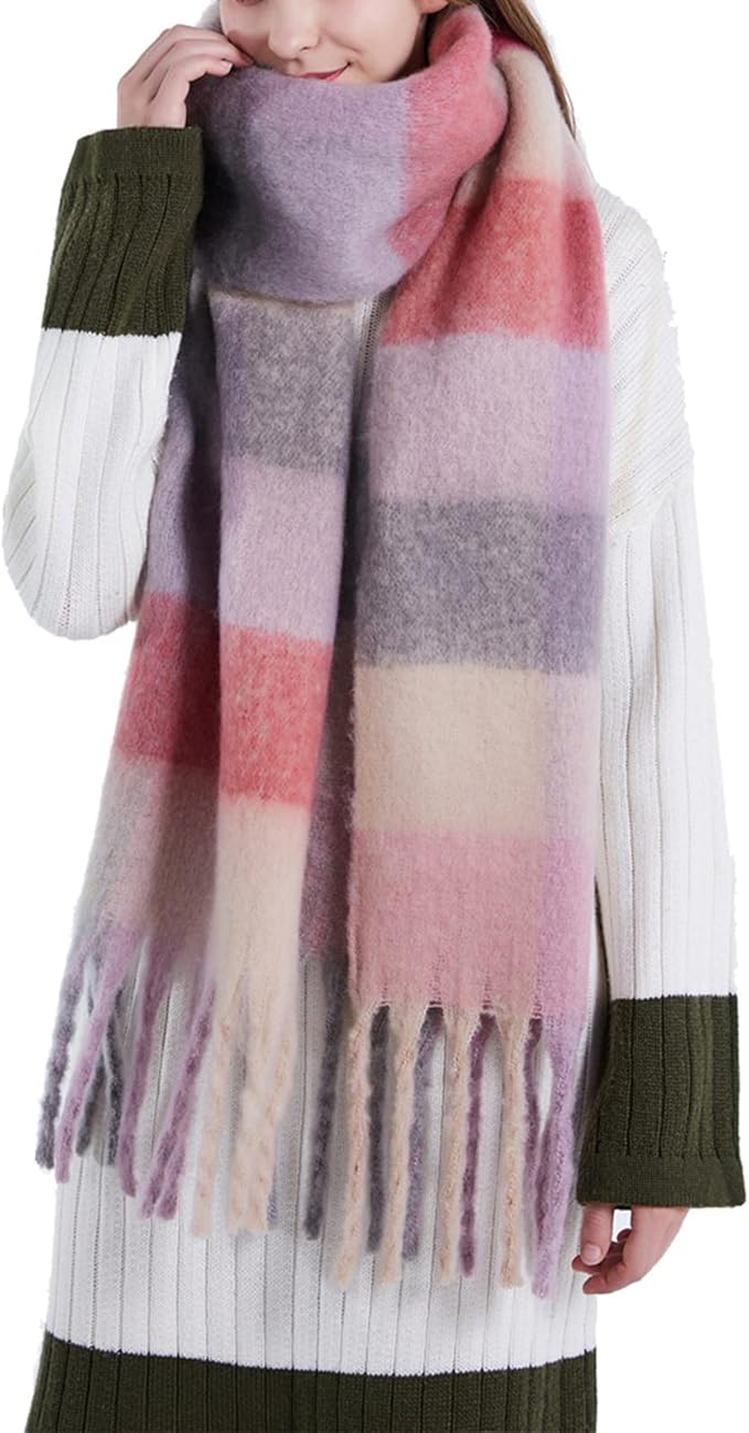 SHOHOKU Large Chunky Plaid Scarf Coloured Checked Oversized Scarf Tassel Soft Fall Winter Thick Warm Shawl Women