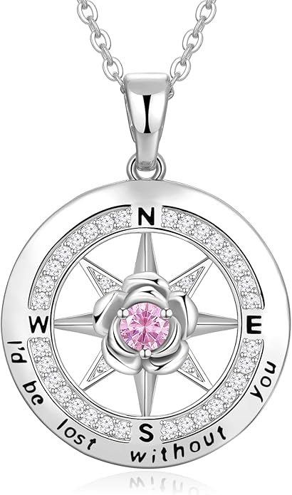 Silver Compass Necklace for Women Birthday Gifts for Wife Anniversary Necklace for Women Rose Flower Birthstone Necklaces for Wife Jewelry for Womens Girlfriend Mom Daughter