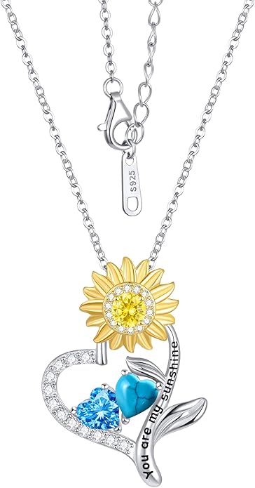 PERJI Valentine's Day Gifts for Women - 925 Sterling Silver Double Birthstone Sunflower Necklace, Anniversary Birthday Jewelry You are My Sunshine Gifts for Wife Couple Girlfriend 18"+2" Non Tarnish