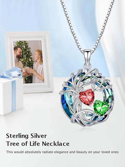 TOUPOP s925 Sterling Silver Family Celtic Tree of Life Pendant Necklaces with 2 Heart Birthstone with Blue Austrian Crystal Jewelry Birthday Anniversary Christmas Gifts for Her Wife Girlfriend Mom (18K Real White Gold Filled)