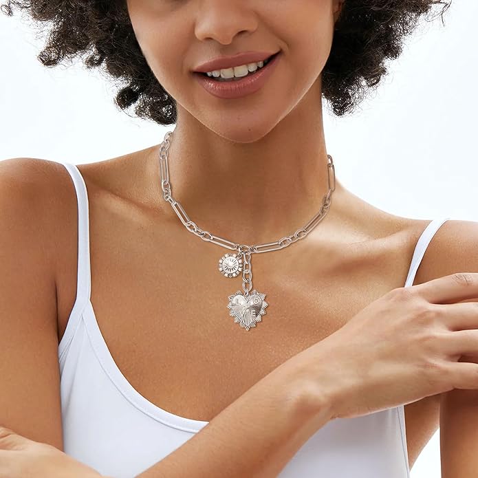 Chunky Gold Necklace for Women, 18K Waterproof Heart Necklace Statement Necklace Gold Charm Necklace Chunky Jewelry Paperclip Chain Choker Gift for Women