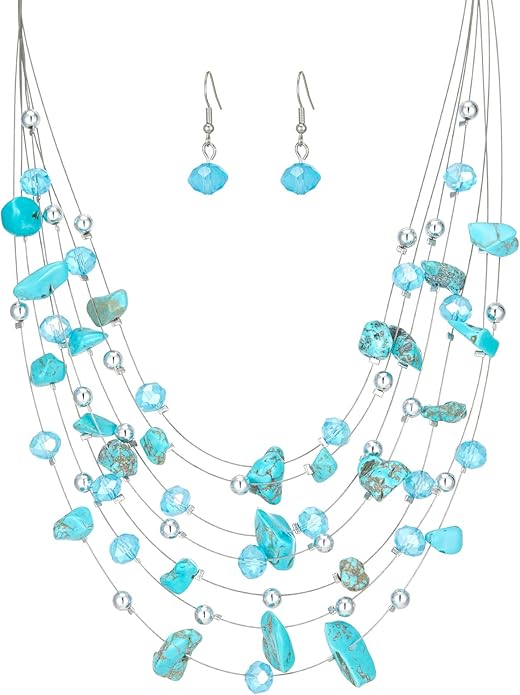 Multi-Layer Boho Shell Beaded Necklace for Women Colorful Crystal Strand with Silver Beads Statement Collars Necklace and Earrings Costumes Jewelry Sets for Women