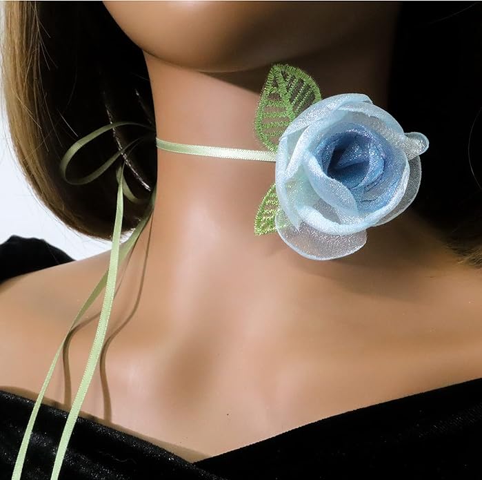 Black Choker Camellia Flower Lace-up Necklace For Women