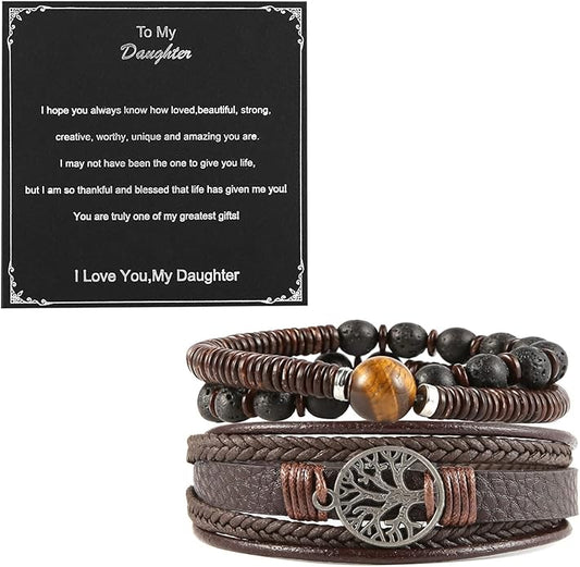HZMAN Genuine Leather Tree of life Bracelets Men Women, Tiger Eye Natural Stone Lava Rock Beads Ethnic Tribal Elastic Bracelets Wristbands